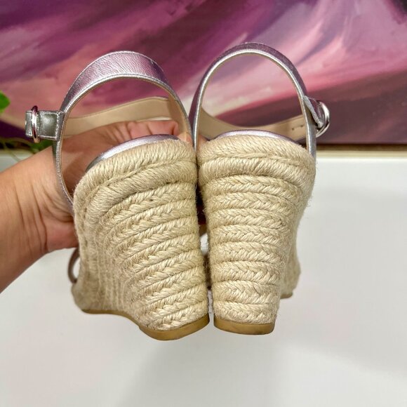 Stuart Weitzman Teddi Espadrille Leather Wedge Sandal in Silver Size 6 - Picture 8 of 10